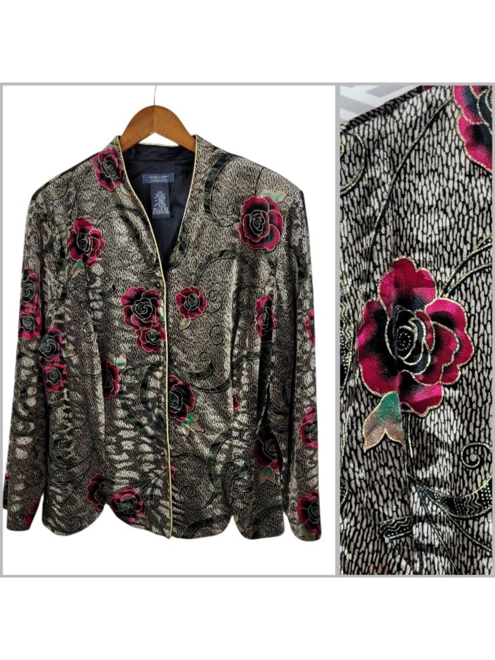 Vintage Plus Size 20W 2X Jacket Velvet romantic Floral Art To Wear Rose Alt Gold